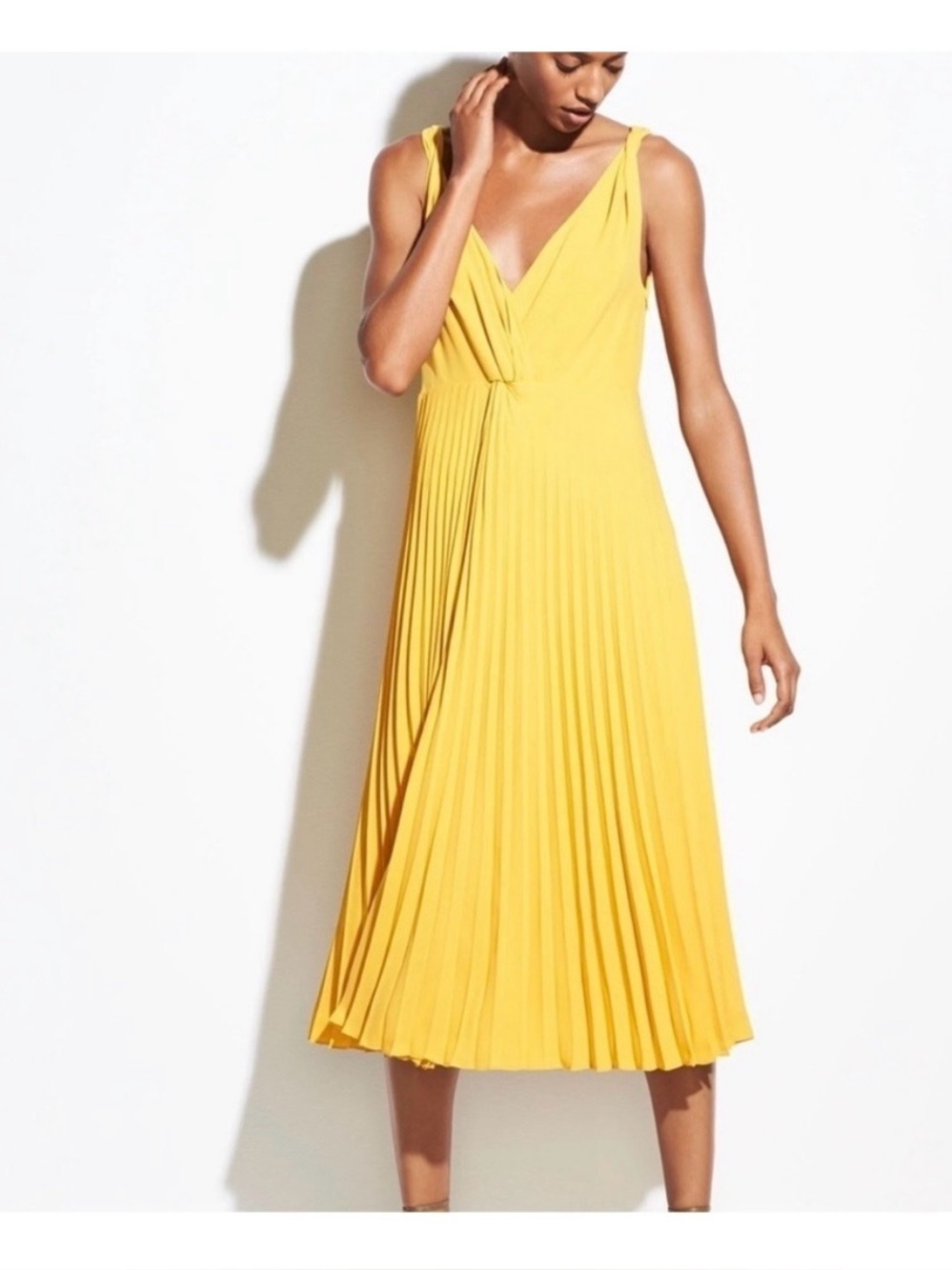 Vince Pleated V-Neck Dress in Mustard